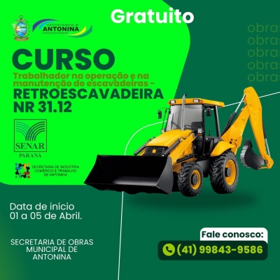 Prefeitura de Antonina divulga curso gratuito de retroescavadeira