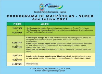 Cronograma Matriculas na Rede Escolar de Ensino.