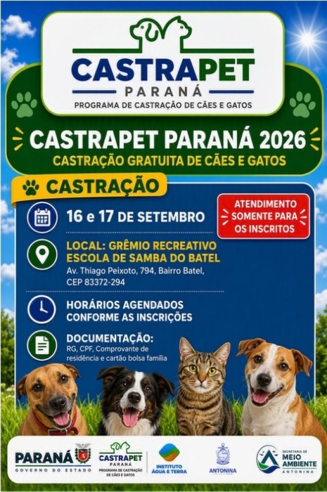 Antonina recebe nova etapa do Programa CastraPet Paraná nos dias 16 e 17 de setembro