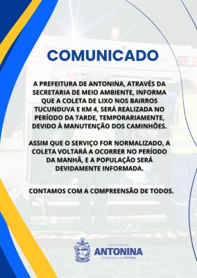 Prefeitura de Antonina emite comunicado referente a coleta de lixo nos bairros do Tucunduva e KM 4