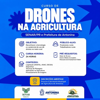 Prefeitura de Antonina abre inscrições para curso gratuito de Drones na Agricultura